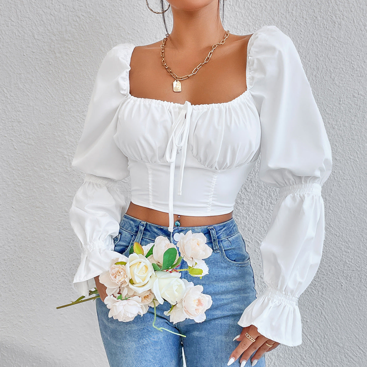 Spring-Summer Women's White Long-Sleeve Chest-Tie Low-Back Sexy Crop Top 7