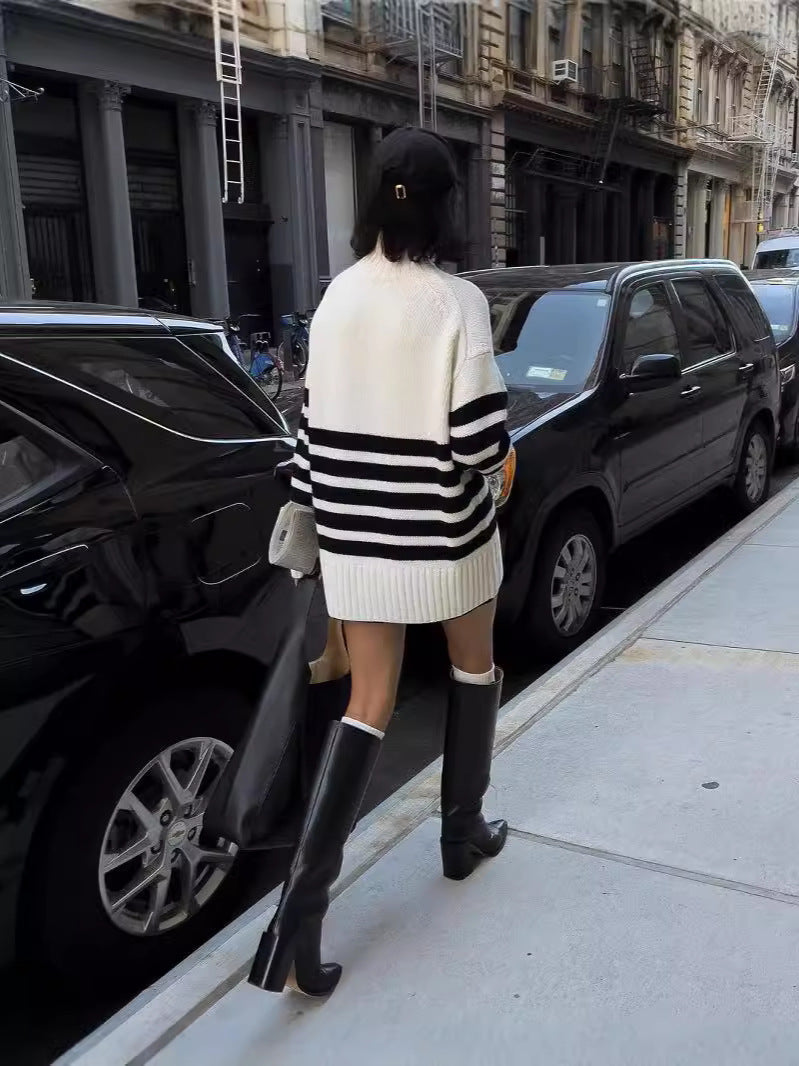 Women autumn and winter black and white striped high collar knitting sweater 5