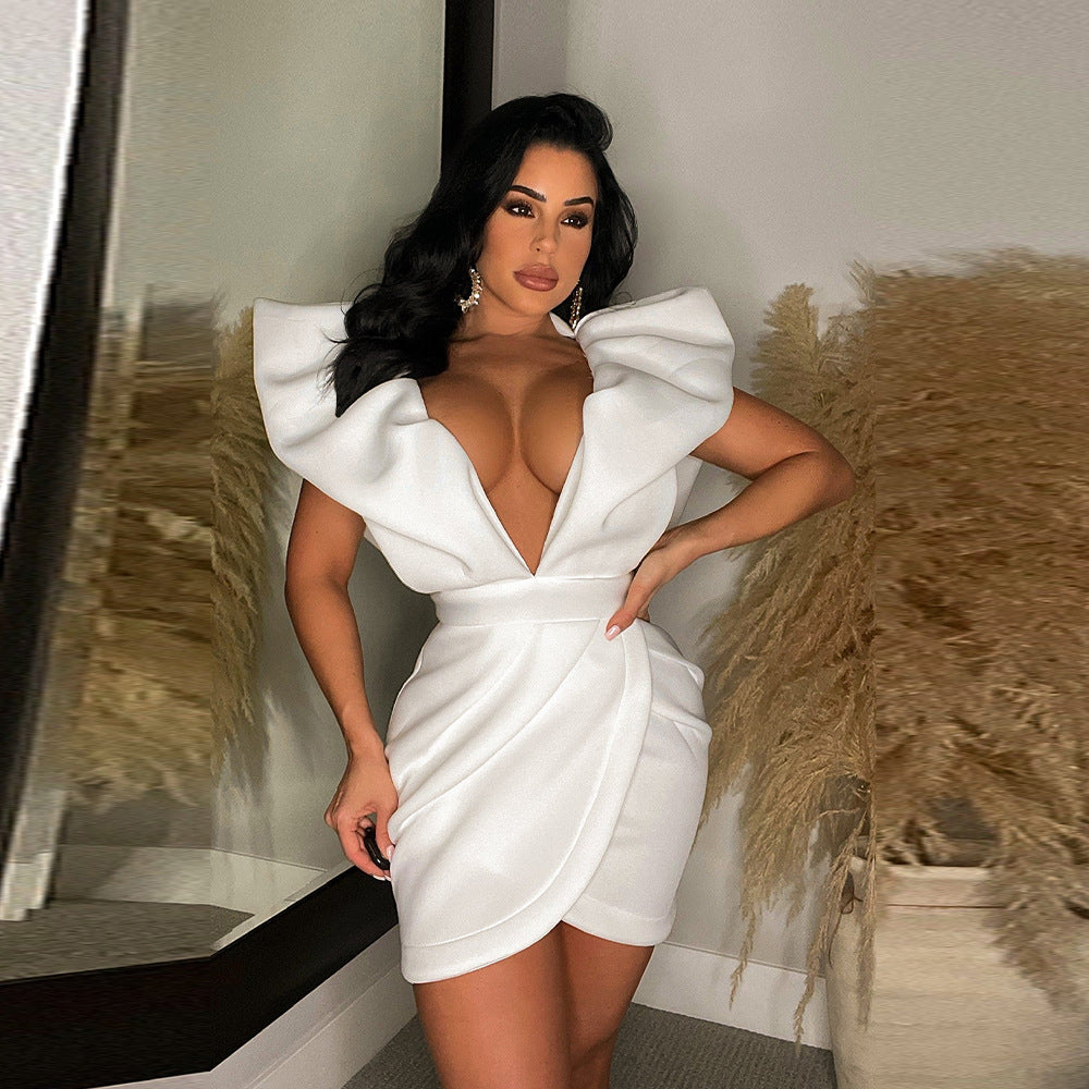 Women's Summer Sexy Deep V Short Sleeve Low Back Solid Color Dress 4