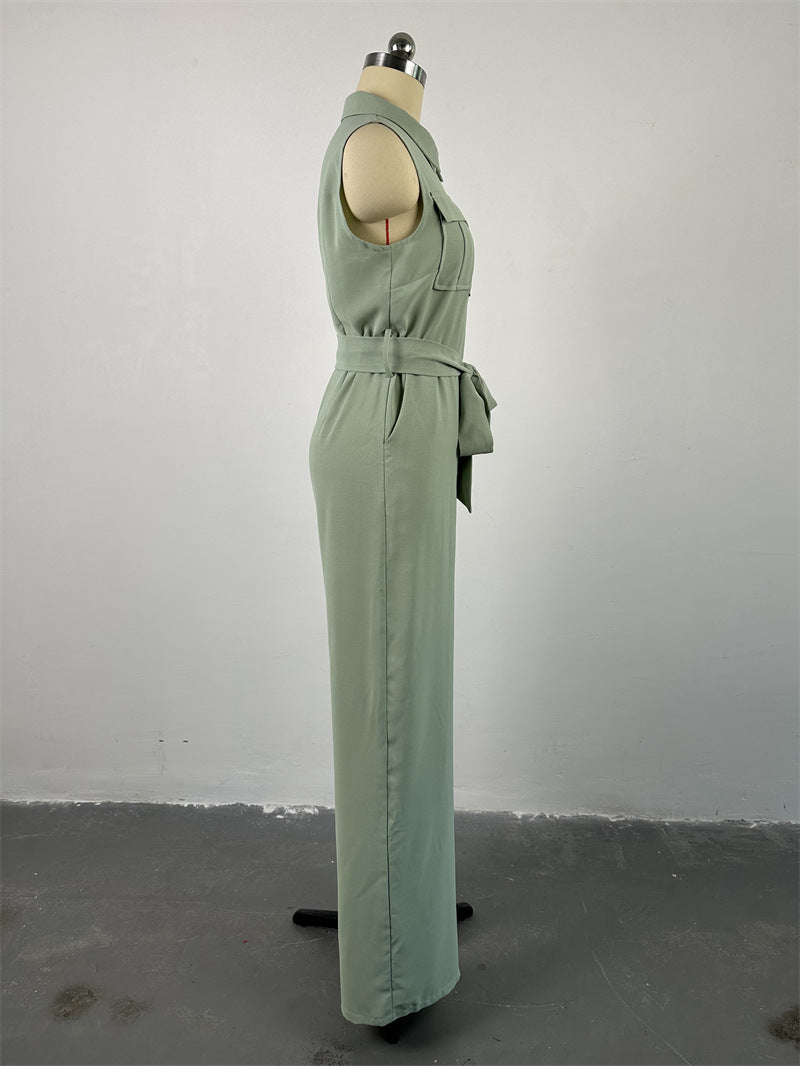 Women's Winter And Spring Turndown Collar Pocket Slim Waist Loose Wide Leg Sleeveless Jumpsuit 10