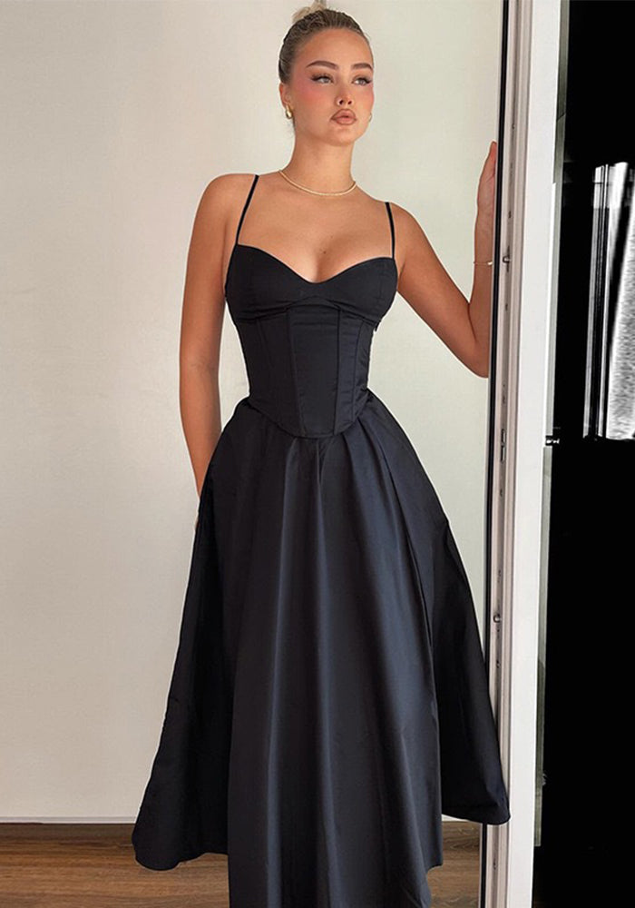 Women's Summer Sexy Black Low Back V-Neck Strap Long Dress