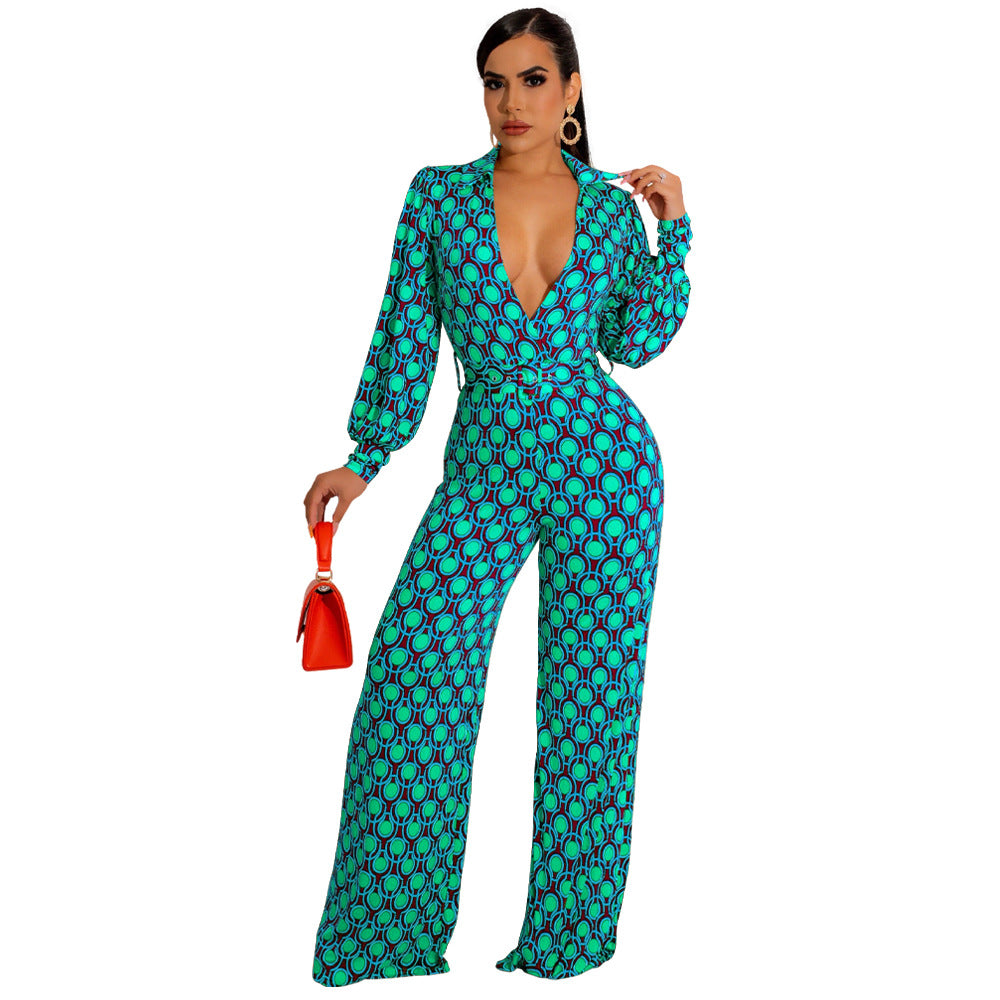 Women'S Winter Casual Fashion Print Deep V Neck Jumpsuit 5