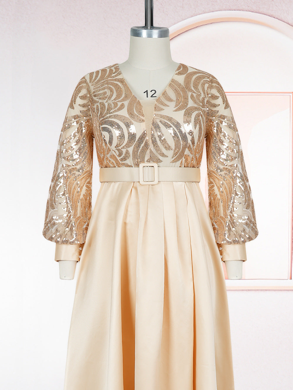 Plus-size African Women sequined lace long-sleeved V-neck elegant maxi dress 15