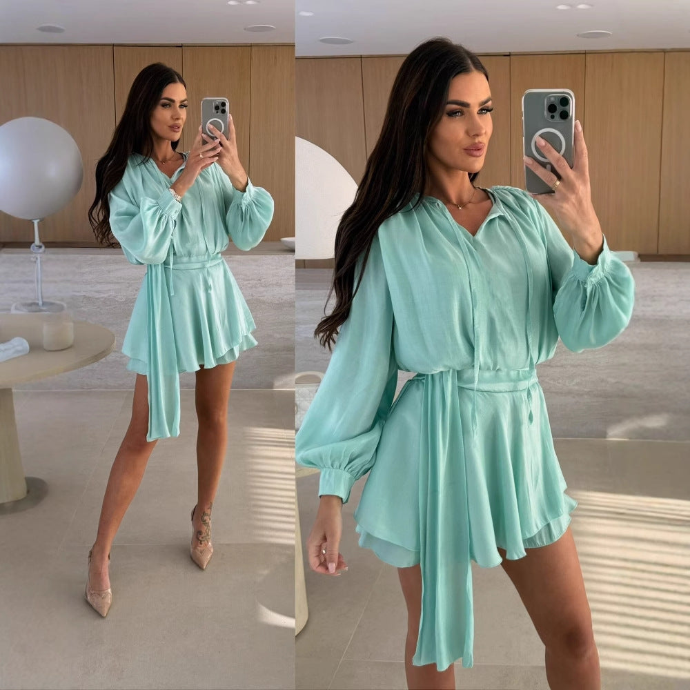 Women solid long sleeve v-neck lace casual dress 6