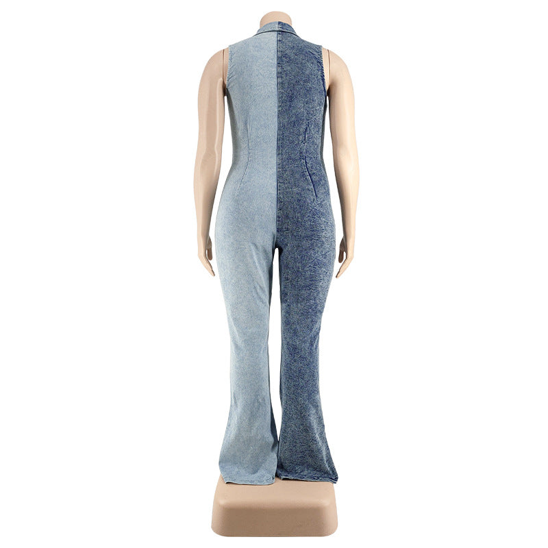 Plus Size Women's Fall Color Block Wash Sexy Denim Jumpsuit 13