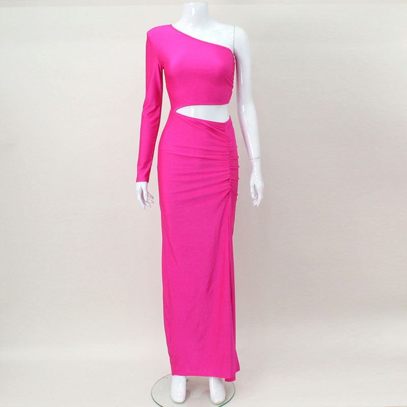 Women's Strapless One Shoulder Long Sleeve Hollow High Waist Slit Solid Color Sexy Bodycon Dress 6