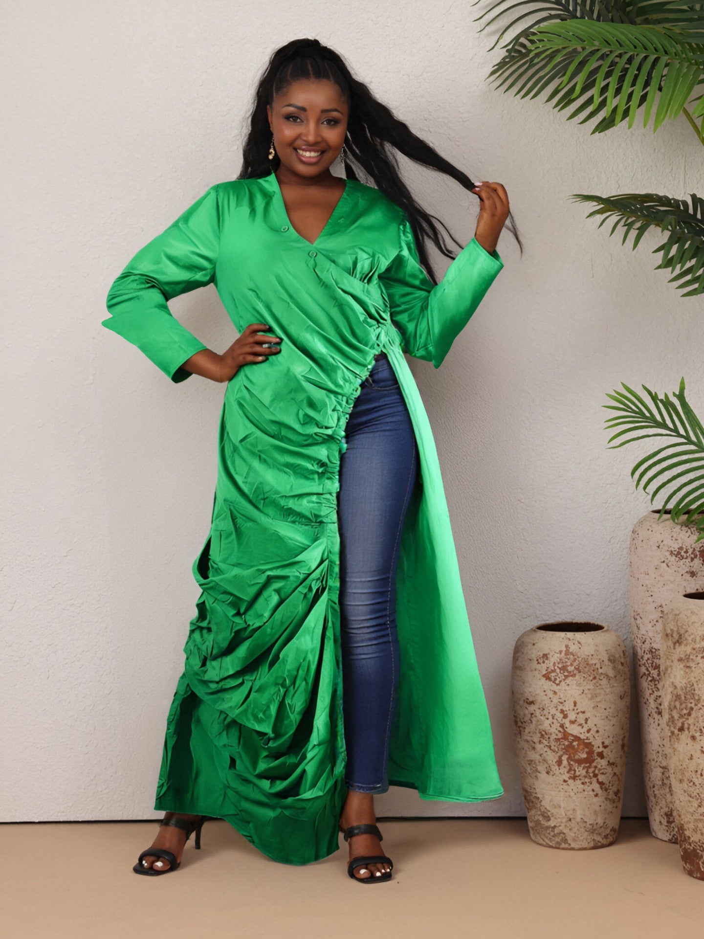 Women sexy V Neck long sleeve pleated Casual dress 13