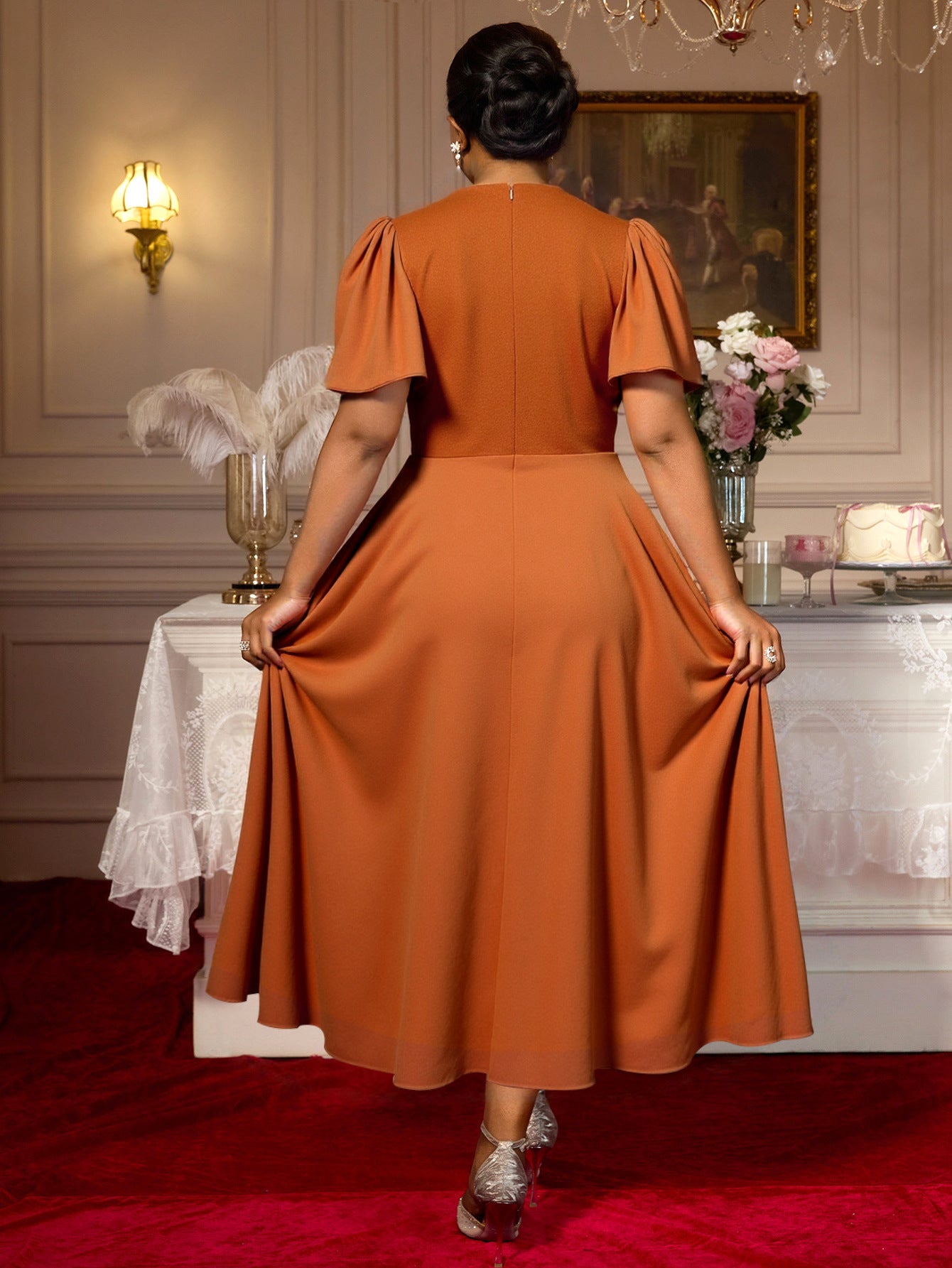 Plus-Size Women Turndown Collar Beaded V-Neck Puff Sleeve Belted Dress 3