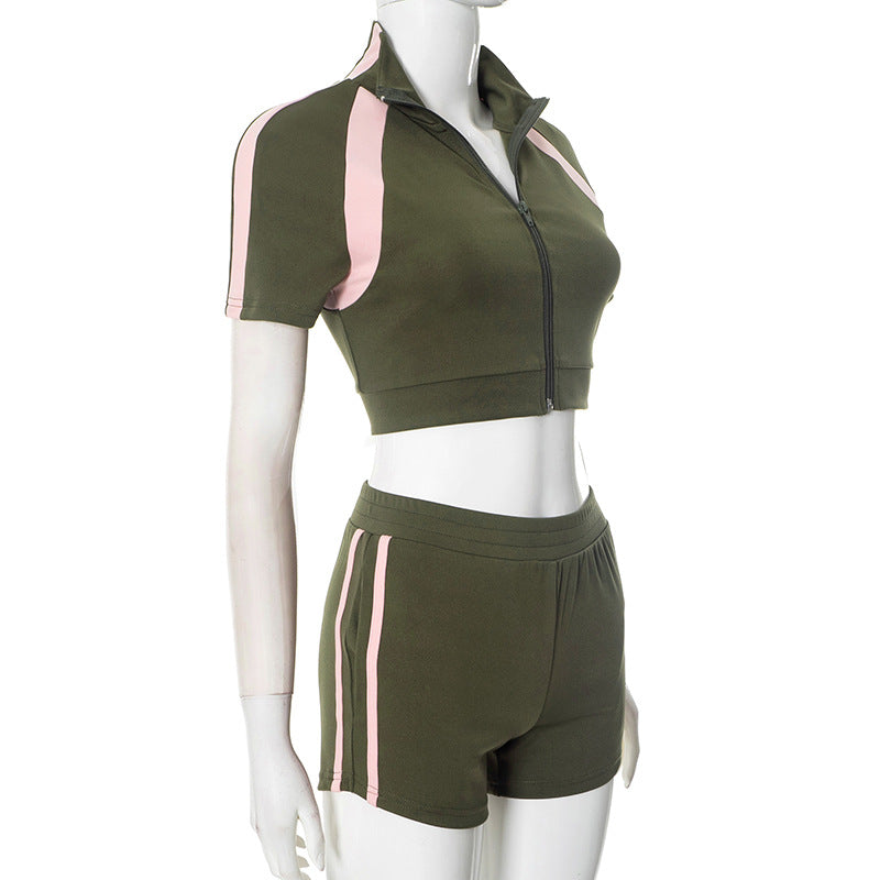 Women spring and summer Turndown Collar Zipper contrast color Top and sports shorts two-piece set 11