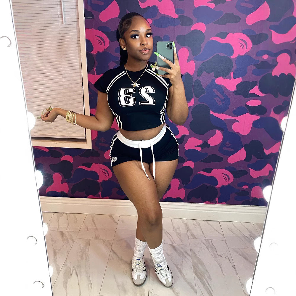 Women Contrast Color Digital Print Short Sleeve Crop Top and Shorts Two Pieces 6