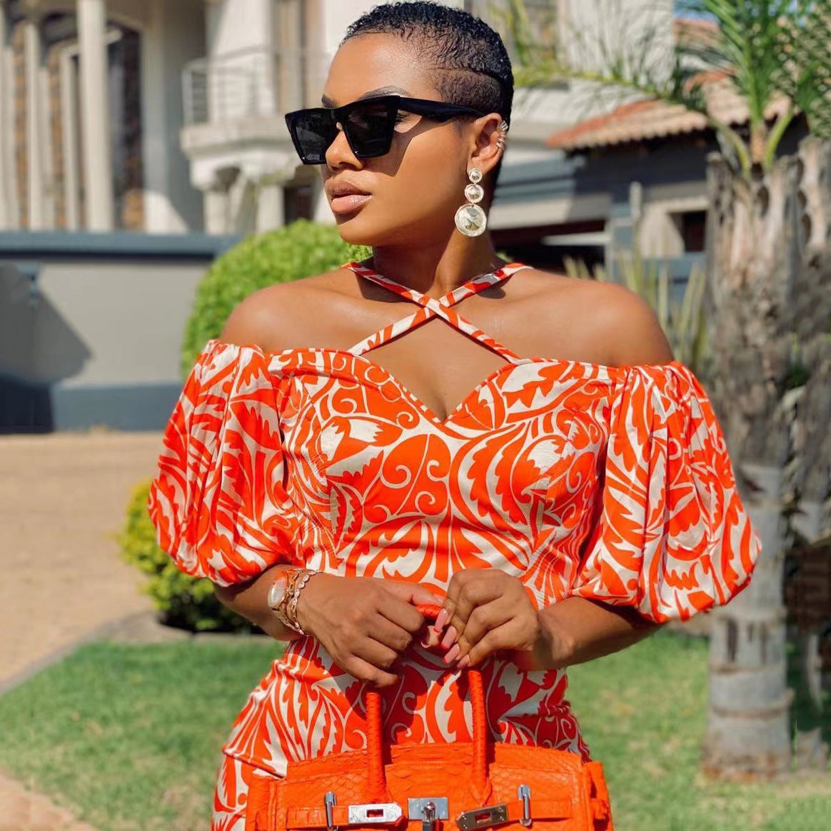 Spring/Summer Women'S Printed Strap Halter Off Shoulder Slit Maxi Dress 8