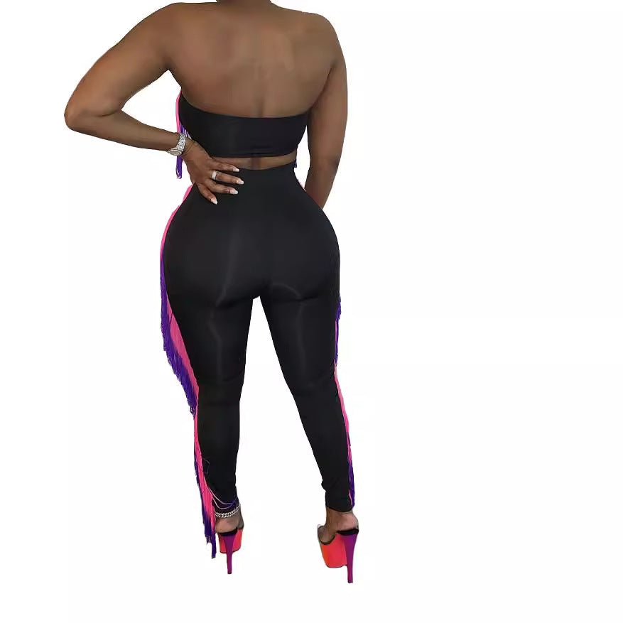 Women's Fashion Sexy Gradient Tassel Strapless Two-Piece Pants Set 3