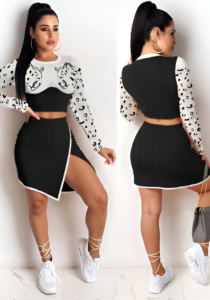 Women Casual Crop Printed Long Sleeve Top and Skirt Two Piece Set