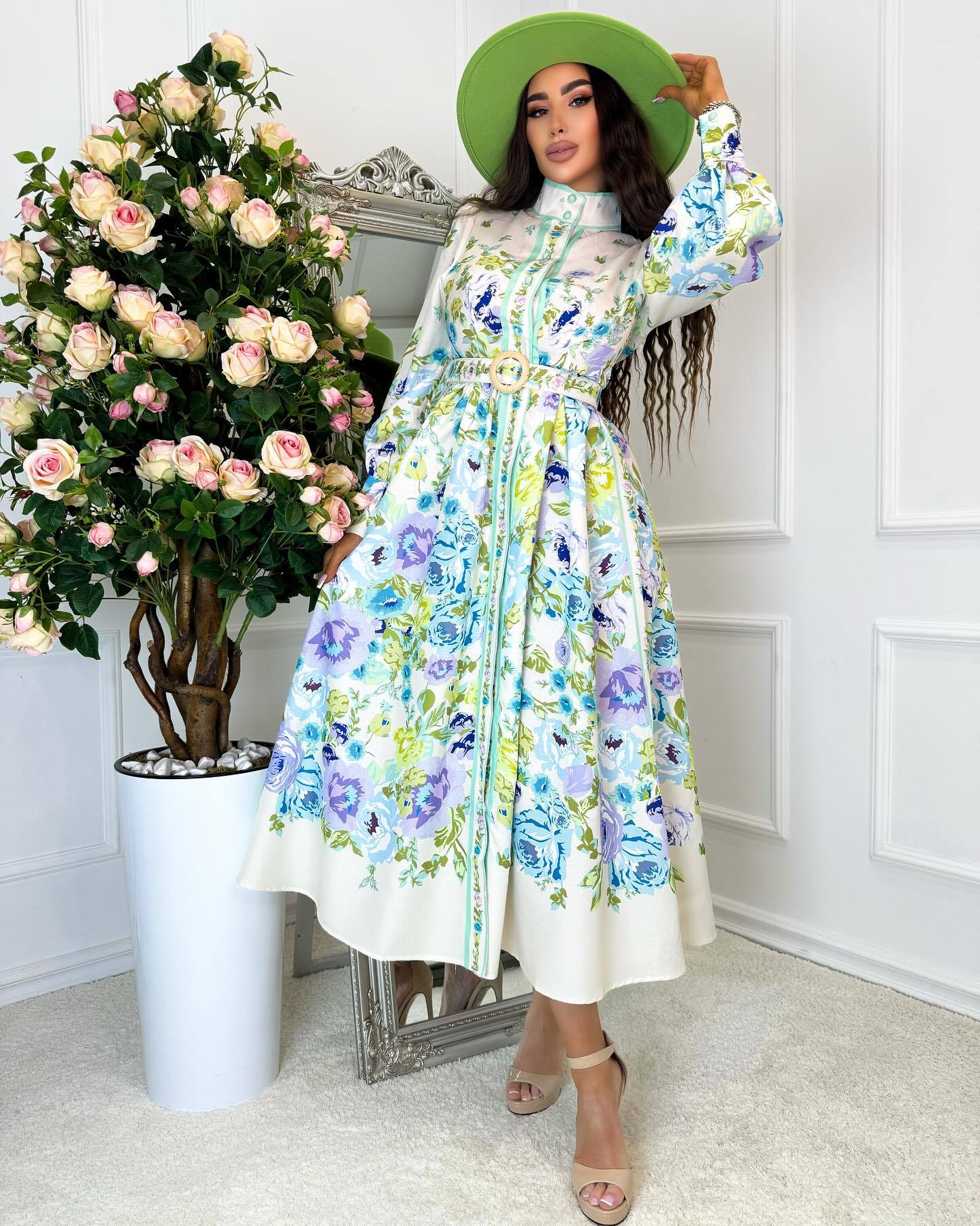 Fashion Chic Women's Spring & Autumn Long Sleeve Print Single-Breasted Slim Waist Long Dress With Belt 3