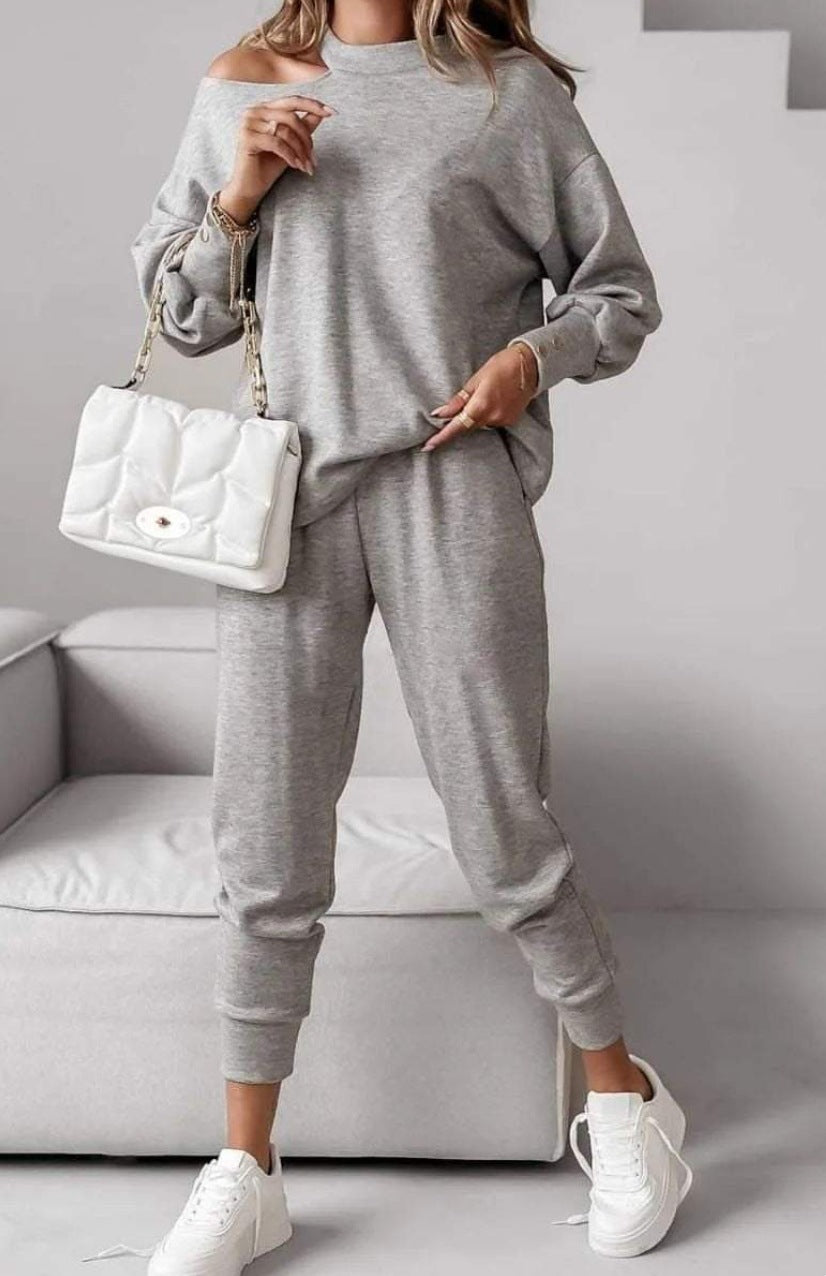 Women's Fashion Casual Solid Color Sexy Long Sleeve Single Shoulder Two Piece Pants Set 5