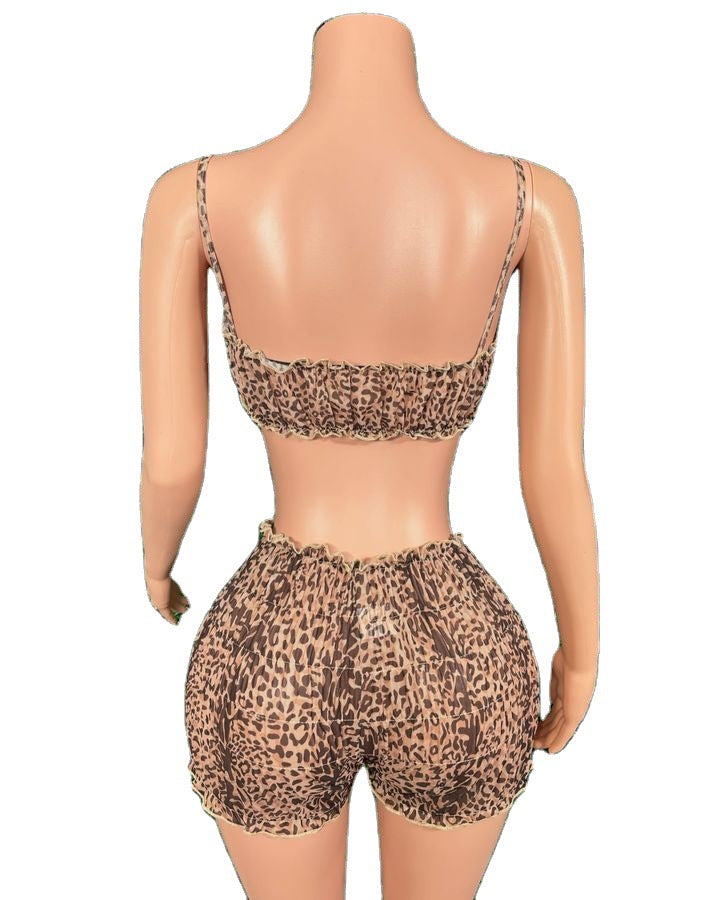 Women leopard print sexy temptation suspenders and shorts Two Piece Set 7