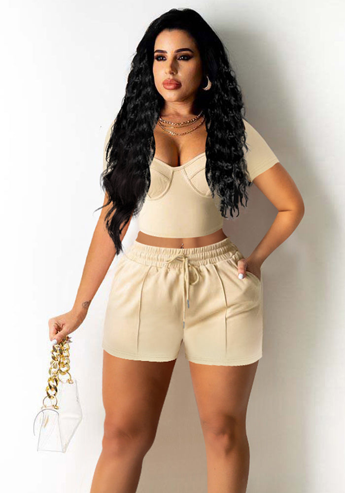 Women's Casual Solid Color Square Neck Short Sleeve Top Drawstring Pocket Shorts Two-Piece Set