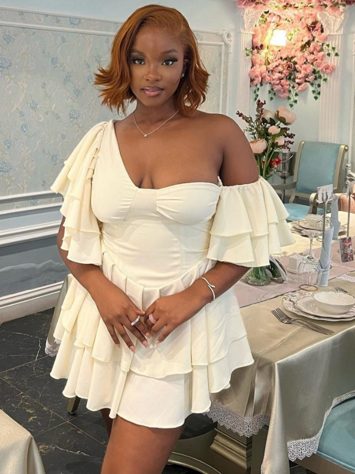 Women Solid Ruffle Sleeve Irregular Slash Shoulder Cascading Ruffles Dress 6