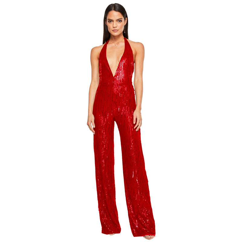 Women's Sleeveless Deep V Halter Neck Low Back Sequin Jumpsuit T 15