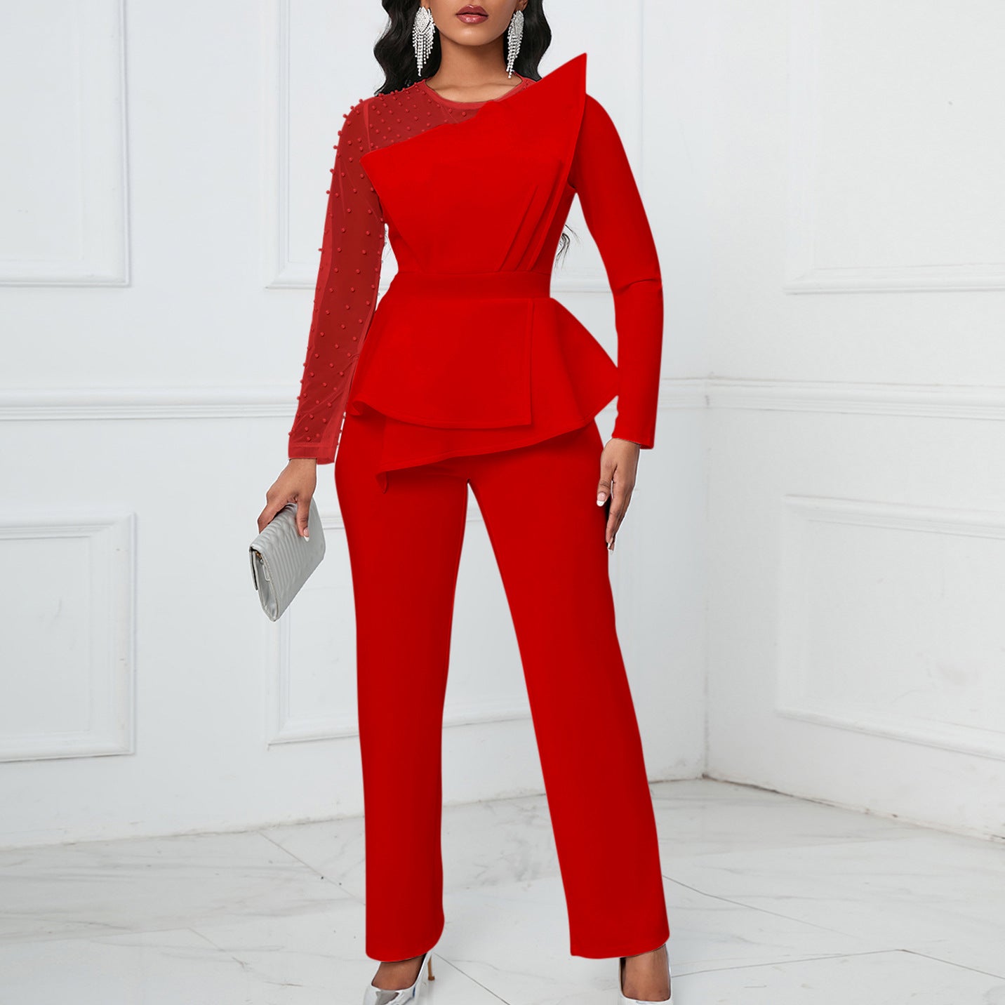 Long Sleeve Chic Mesh Patchwork Beading Slim Fit Formal Party Plus Size Jumpsuit 11