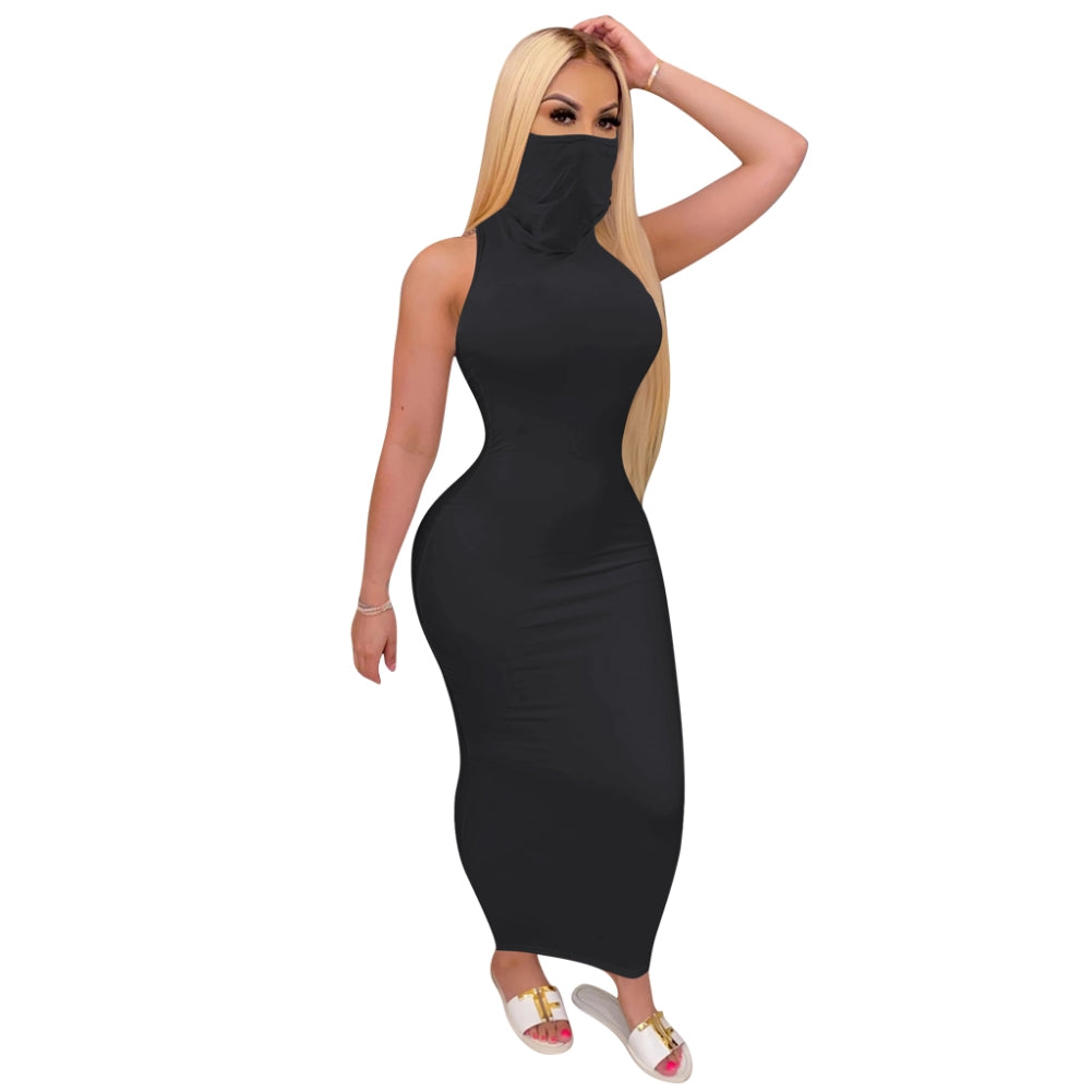 Sexy Sleeveless Tight Midi Dress with Face Cover 4