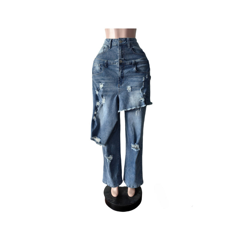 Women Casual Fashion Stretchy Apron Denim Ripped Pant 6
