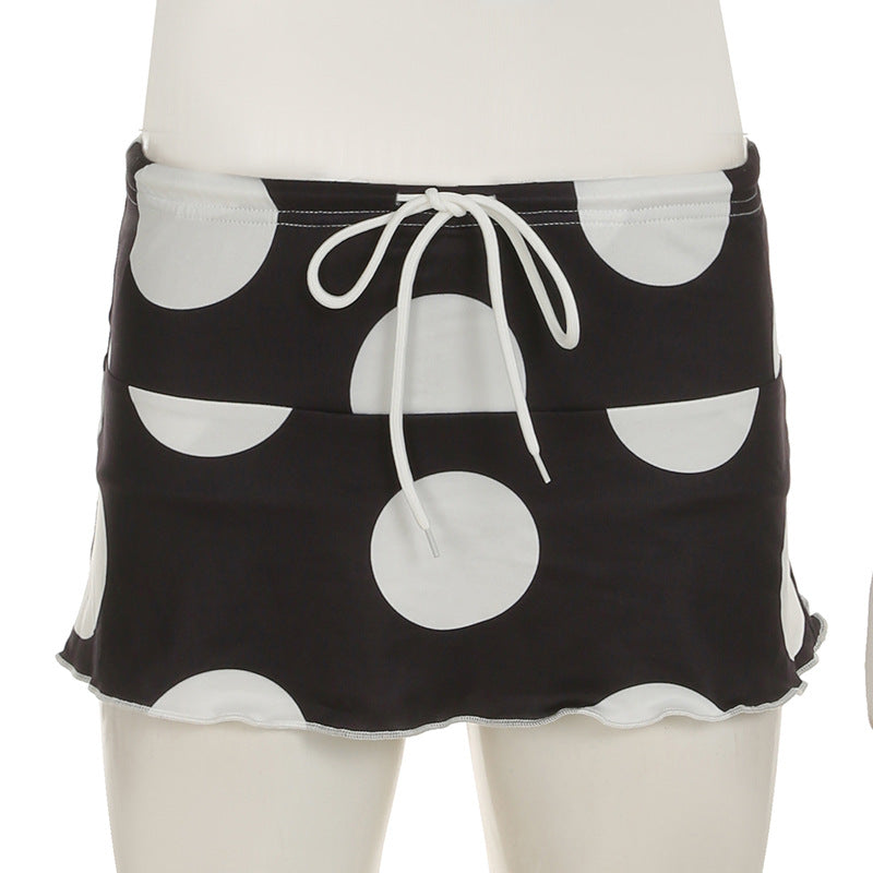 Polka Dot Black And White Contrast Print Halter Neck Crop Strap Top Drawstring High Waist Ruffle Skirt Casual Sexy Two Piece Set 6