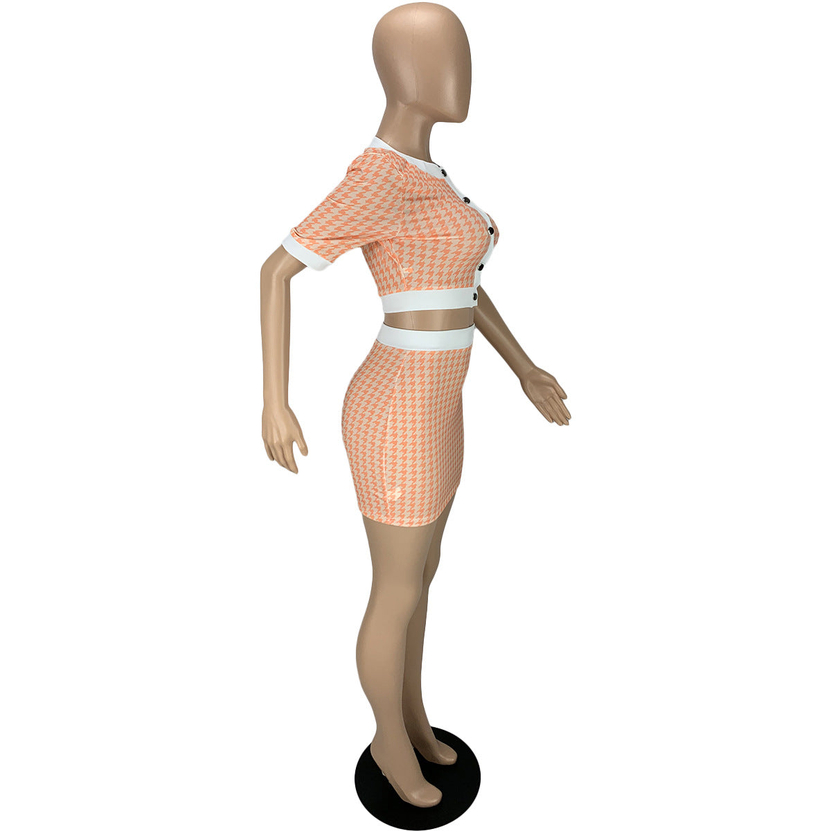 Women's Summer Houndstooth Short Sleeve Top Tight Fitting Shorts Set 10