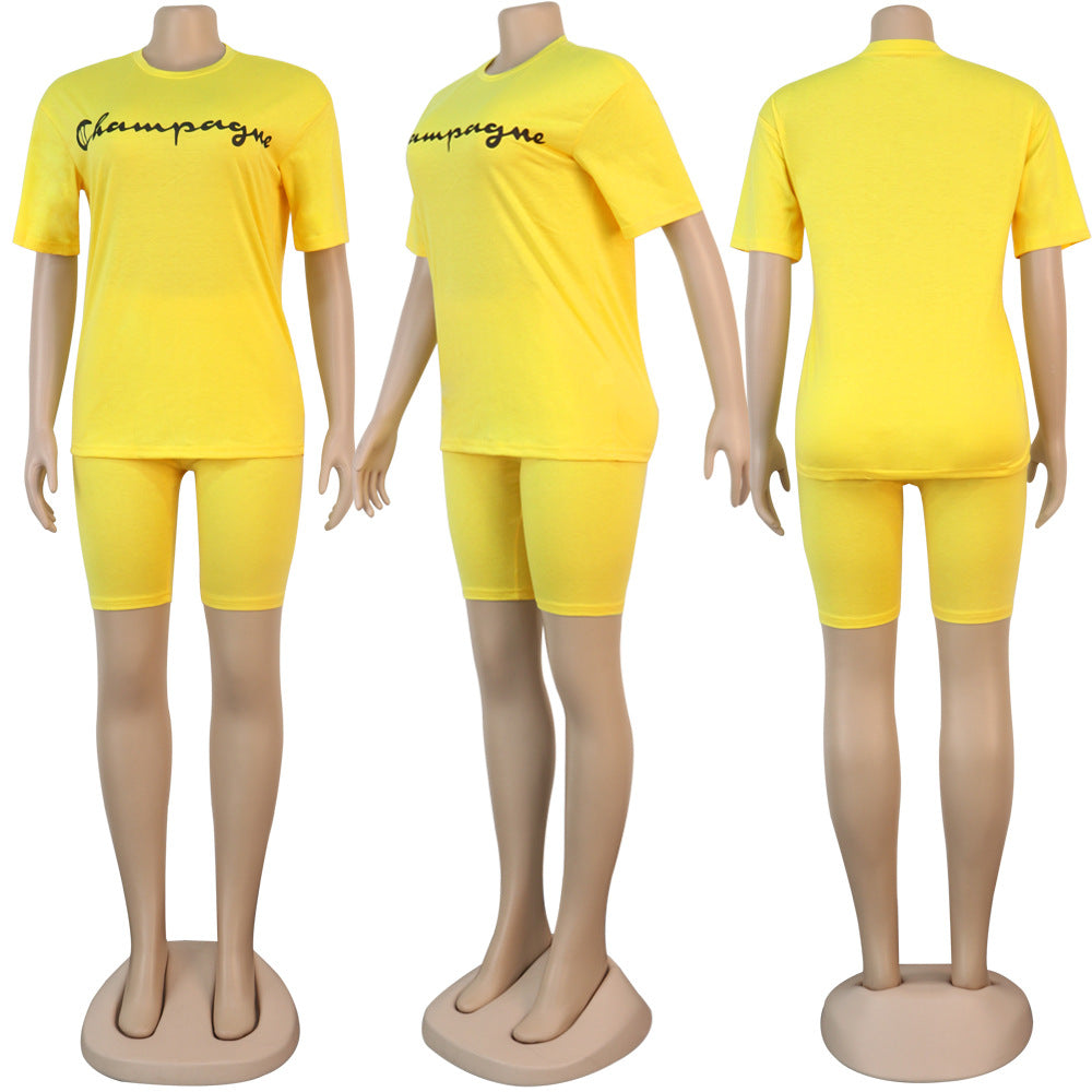 Women Letter Print Short Sleeve Top and Shorts Casual Sports Two-piece Set 14