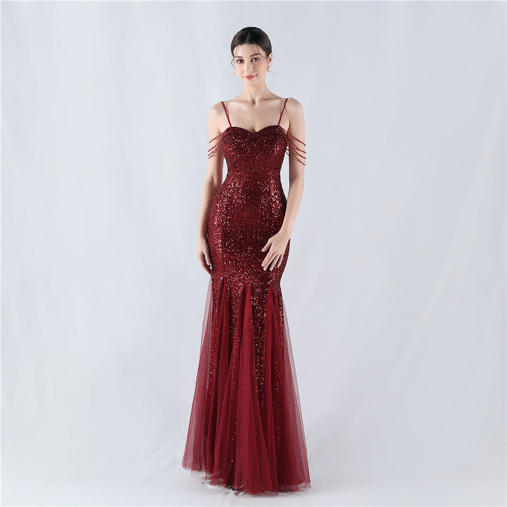 Strap Beading Mesh Sequin Evening Dress 15
