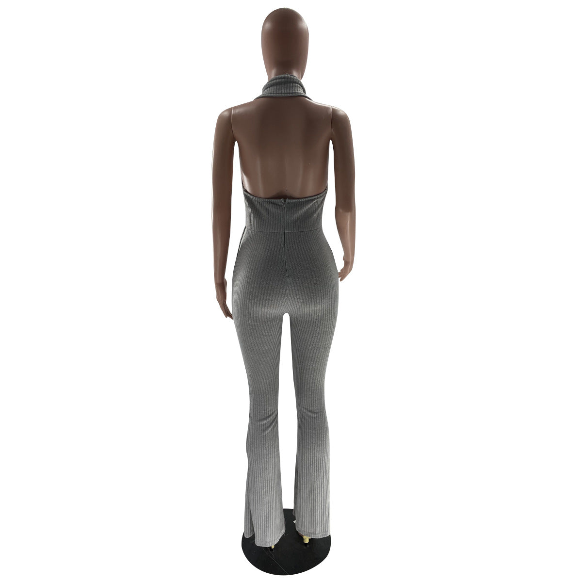 Women's Solid Color Sexy Low Back Halter Neck Turndown Collar Jumpsuit 15