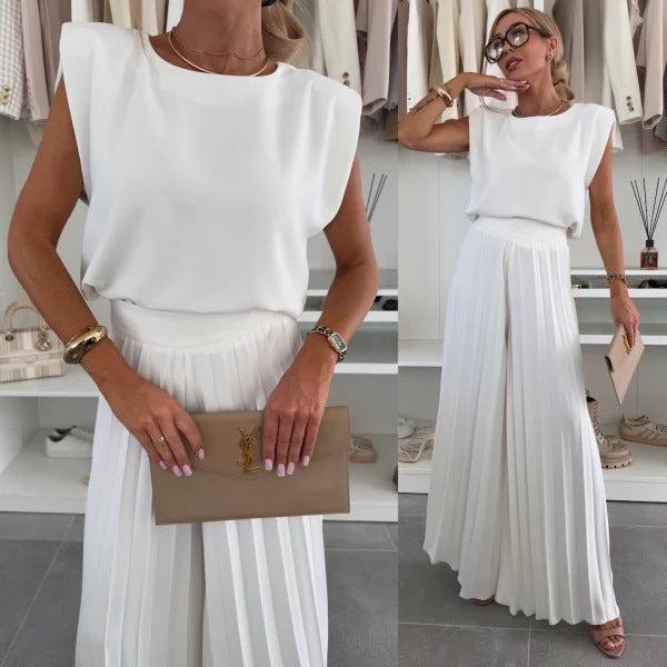 Women Summer Pleated Top and Pleated Wide Leg Pants Two Piece Set