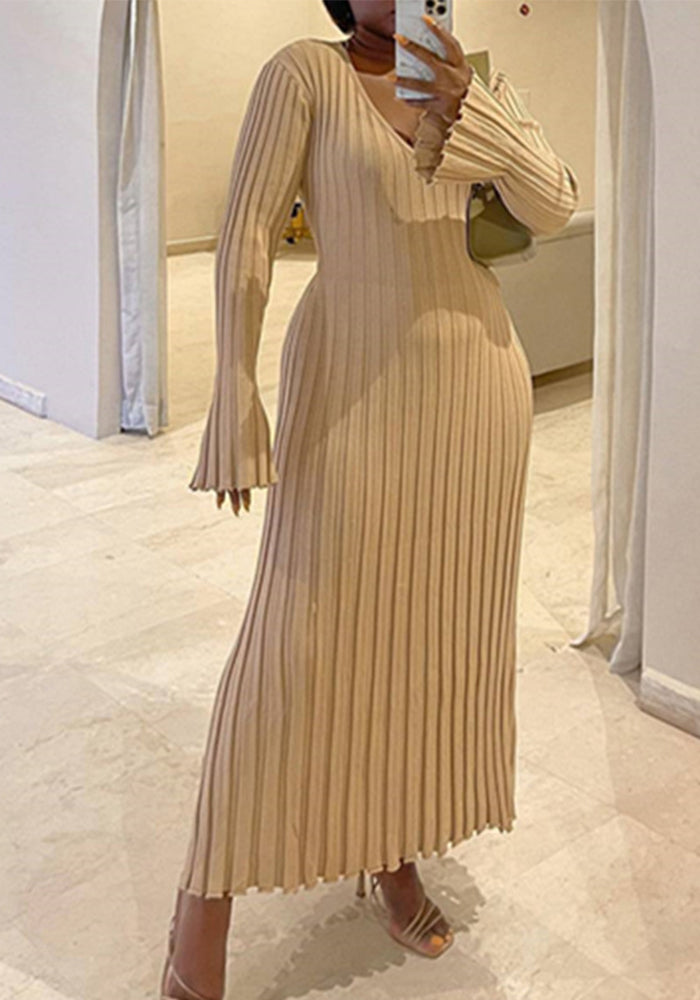 Autumn And Winter Casual Slim Waist V-Neck Wide Ribbed Slim Fit Knitting Long Dress For Women