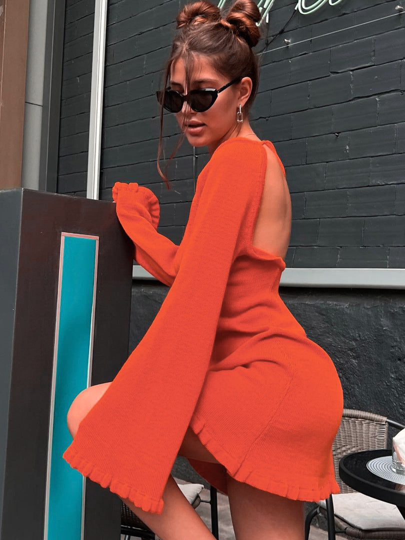 Winter Sexy Knitting Tie Low Back Bell Bottom Long Sleeve Solid Color Dress