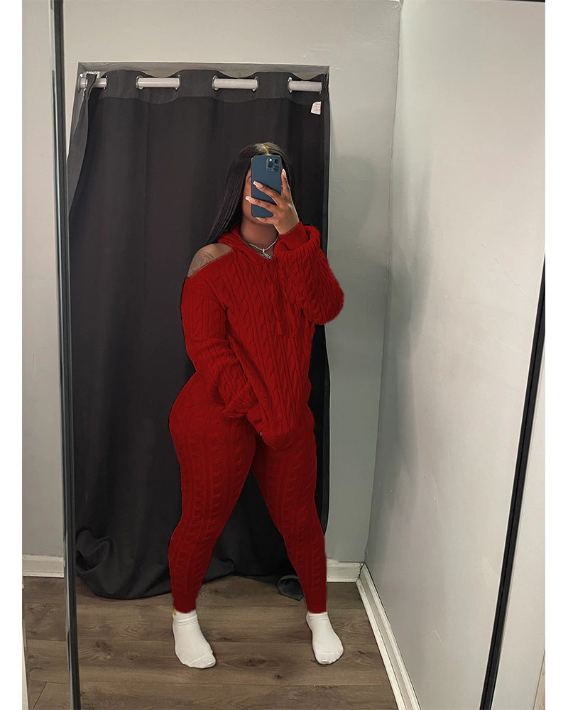 Women's Fashion Solid Color High Stretch Knitting Hooded Sweater Slim Long Pants Two Piece Set 3