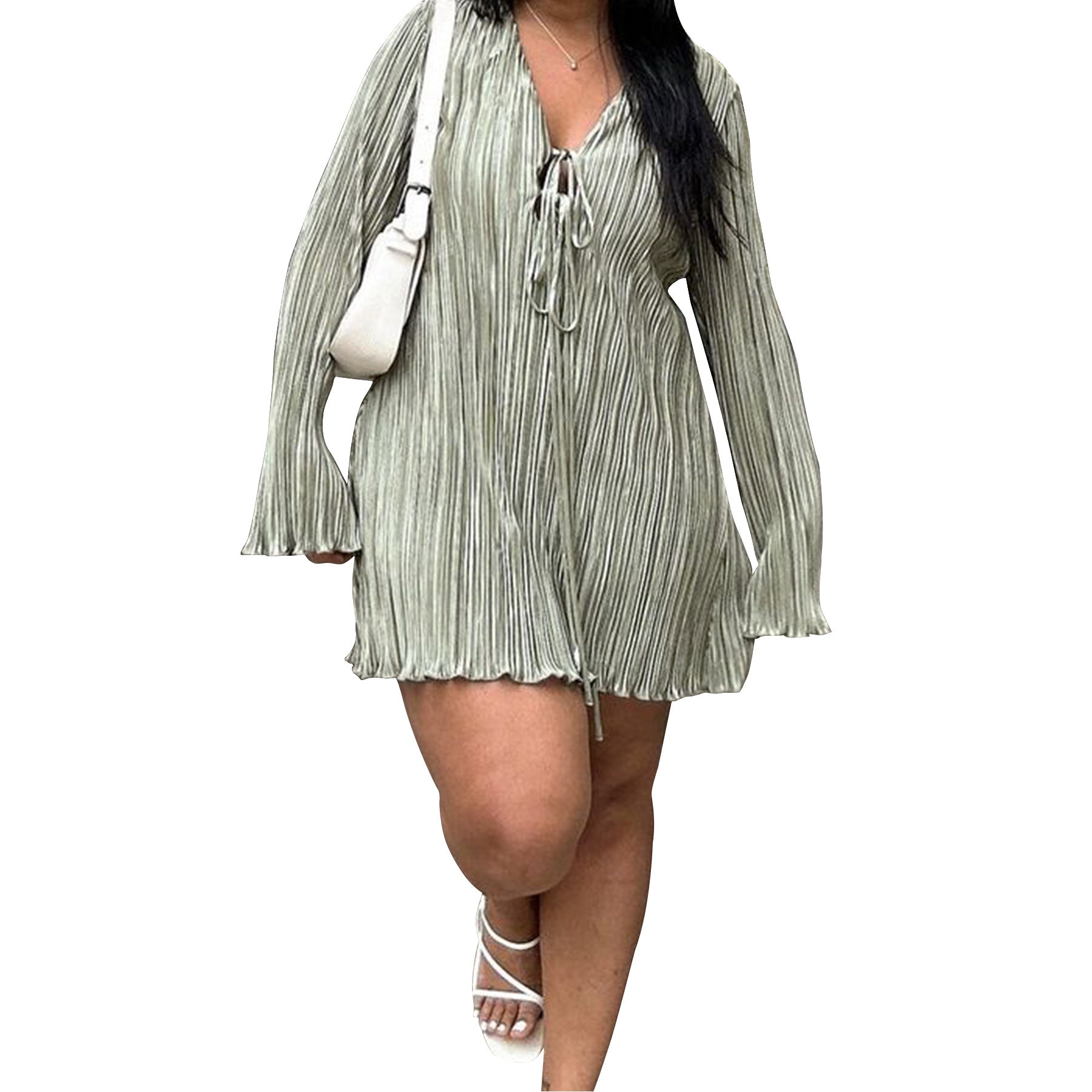 Plus Size Bell Bottom Long Sleeve Solid Color Casual Dress 8
