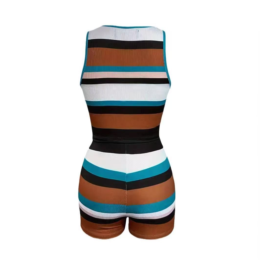 Women spring and autumn knitting striped vest and shorts two-piece set 4