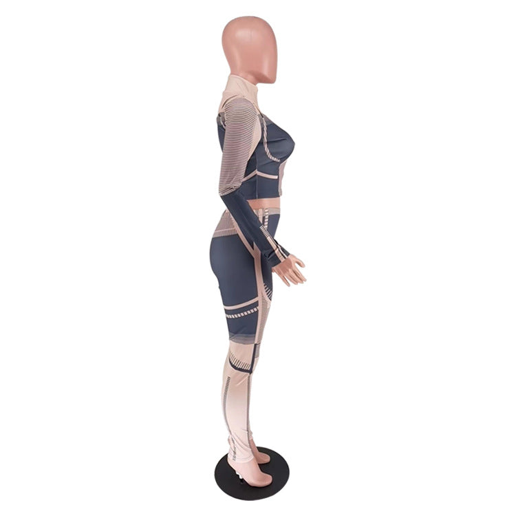 Women's Autumn And Winter Irregular Printed Long Sleeve Tight Fitting Sports Two Piece Pants Set 18