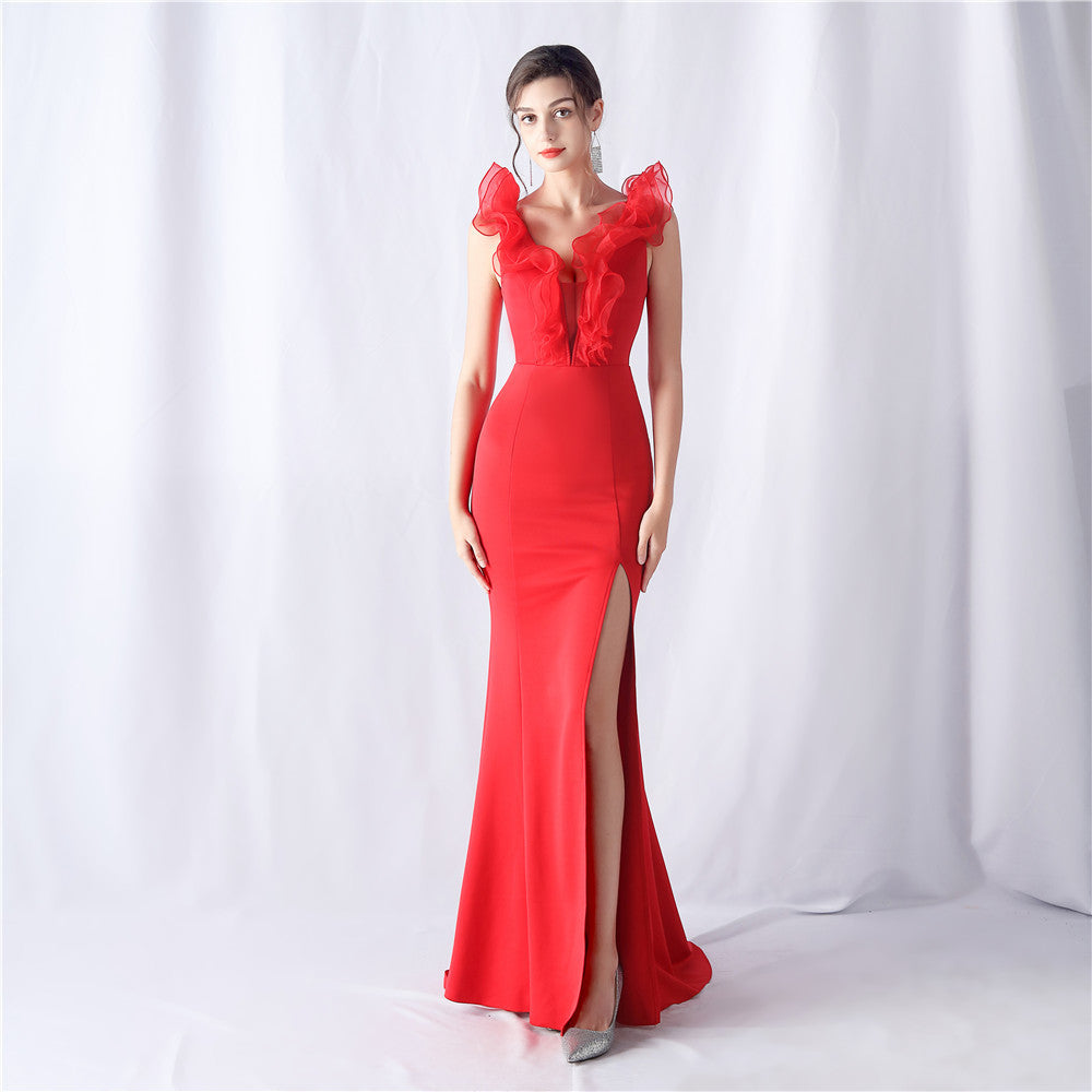 Women Wedding Ruffle Slit Dinner Evening Dress 10