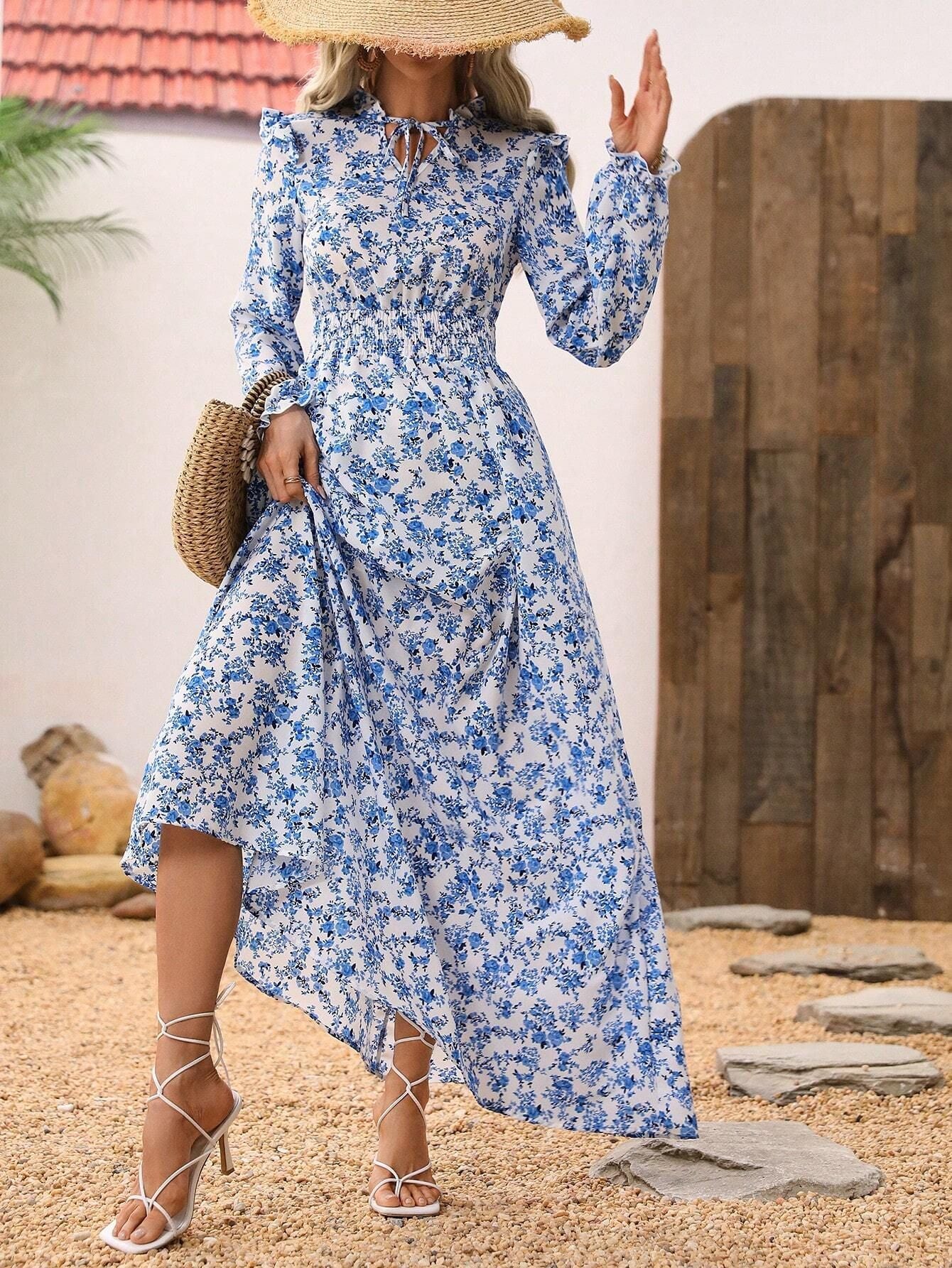 Autumn Winter Women Slim Waist Long Sleeve Fashion Floral Dress 5