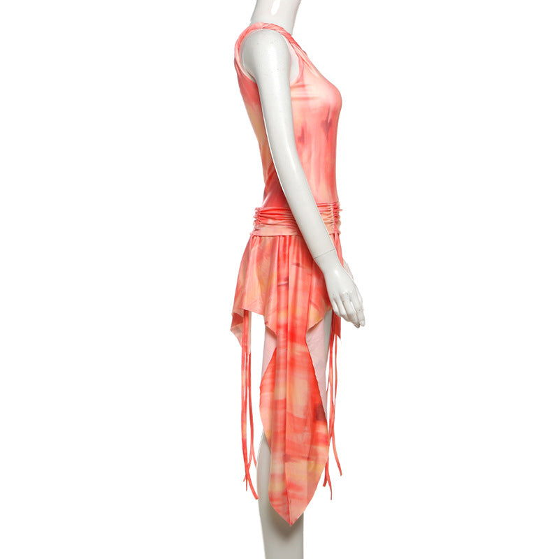 Spring and Summer Women's Slash Shoulder Contrast Color Slim Sexy Low Back Bodycon Print Dress 8