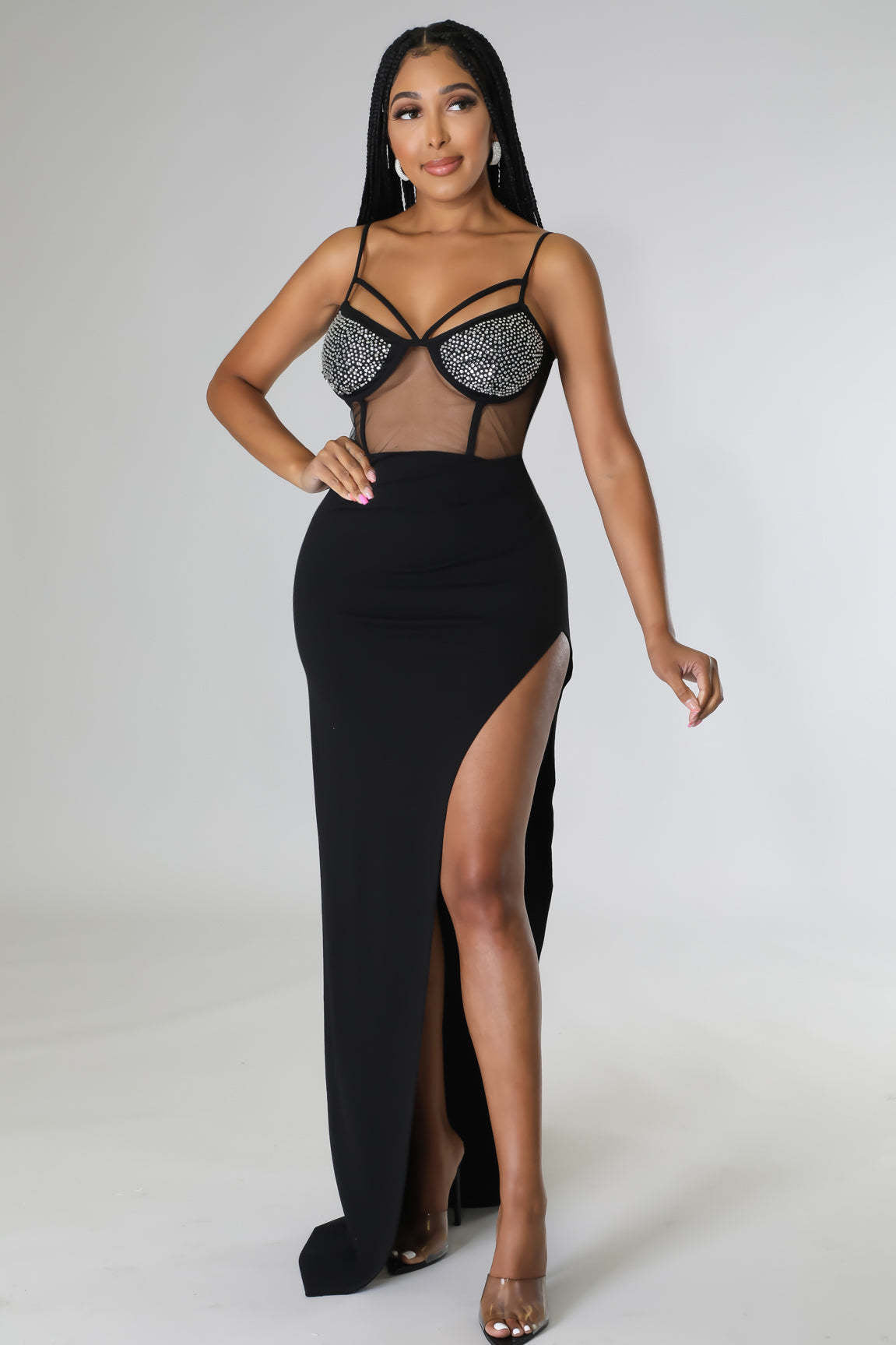 Women Summer Patchwork Mesh Beaded Slit Long Dress 6