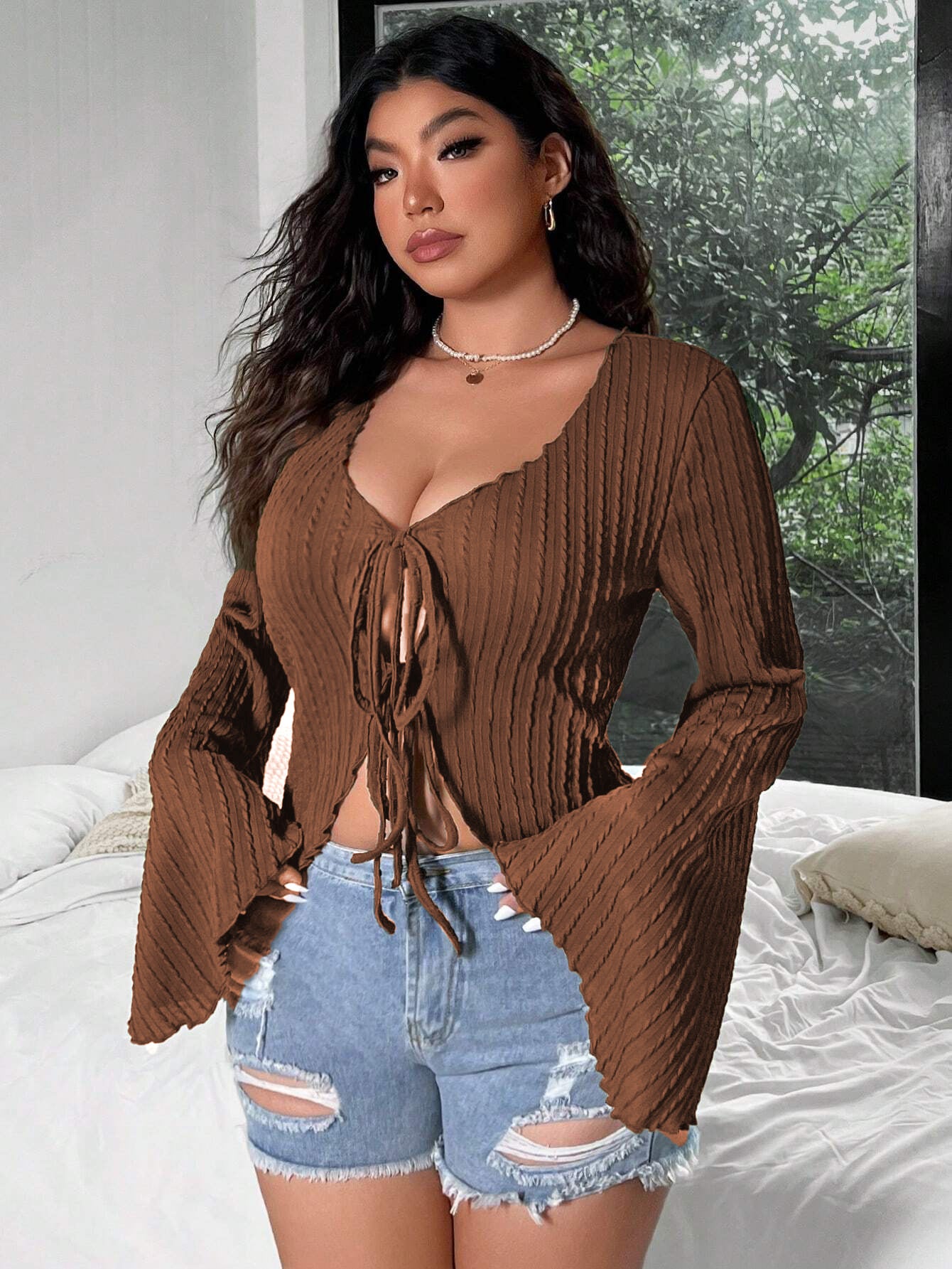 Autumn And Winter Plus Size Women's Sexy V-Neck Bell Bottom Sleeve Slim Lace-Up V-Neck Top 5