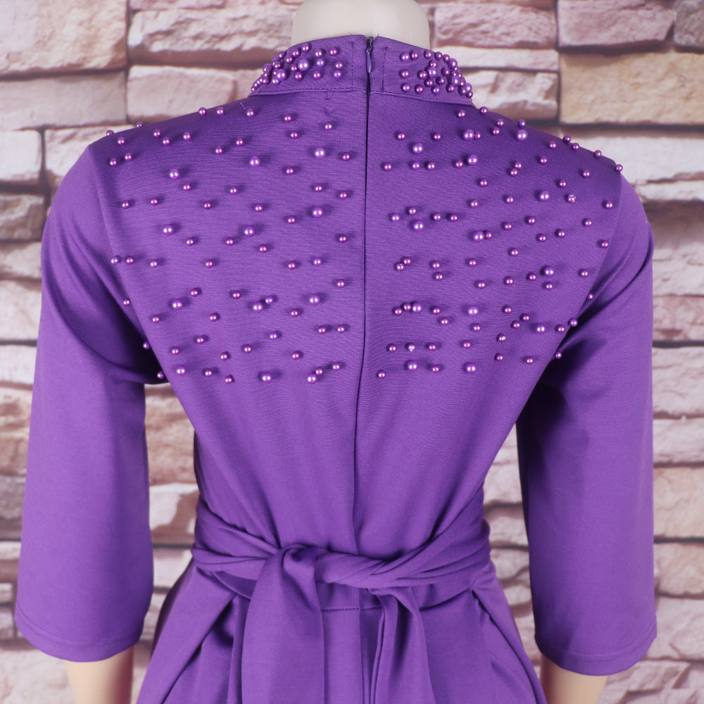 Women African Elegant Stand Collar Beaded Belt Pocket Dress 28