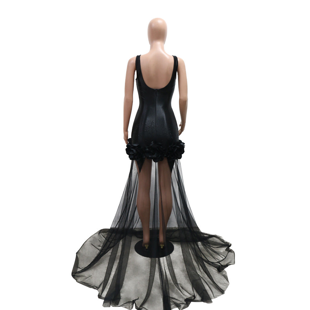 Women suspender flower mesh suspender Beaded Bodycon dress 6