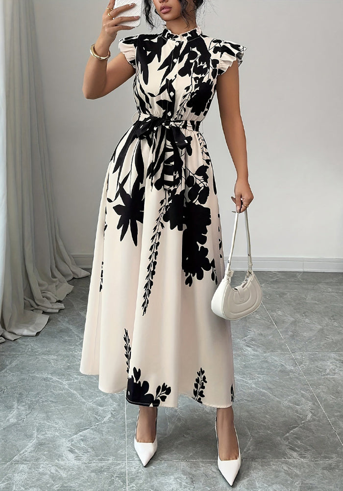 Women's Print Stand Collar Button-Down Ruffle Sleeves Slim Waist Belt Maxi Dress