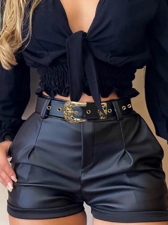 Women Pu Leather Belt Solid Shorts 4