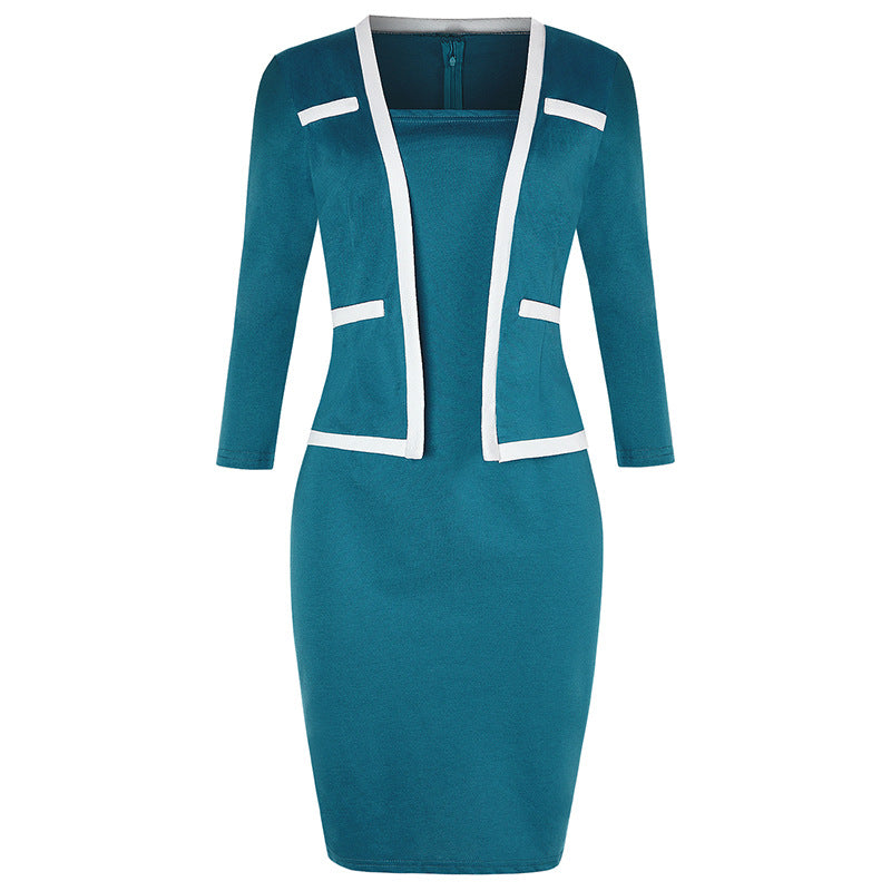 Women's Three Quarter Sleeve Fake Two Piece Patchwork Professional Bodycon Dress 21