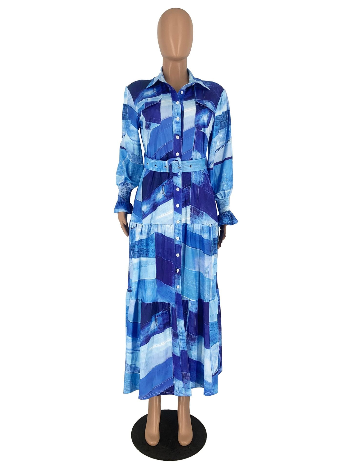 Women Elegant Turndown Collar Maxi Dress 9