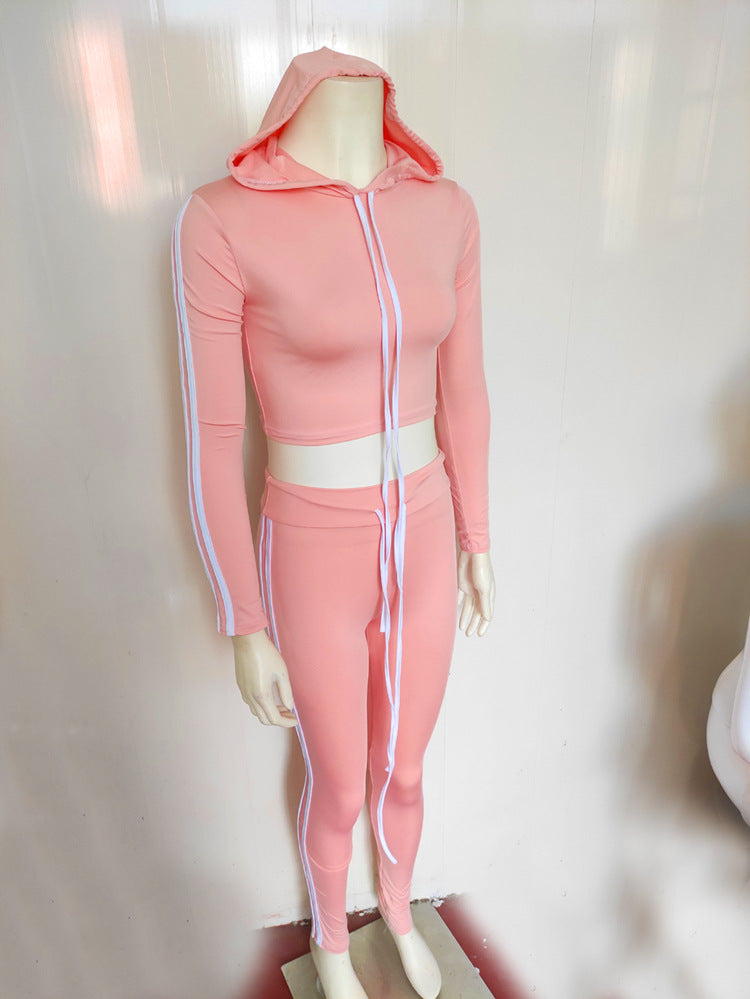 Women Striped Stretchy Hooded Drawstring Top Long Pants Two-piece Set 11